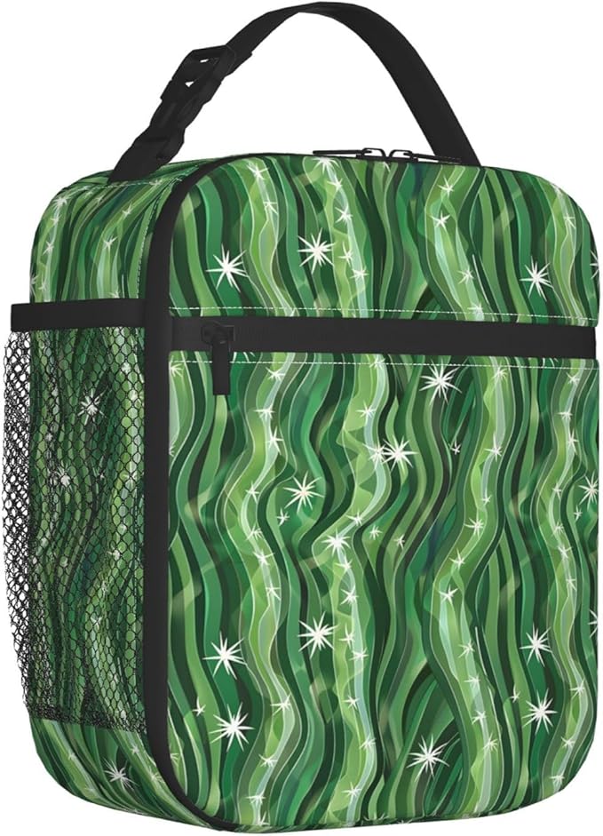 Abstract Wave Lunch Box,Insulated Lunchbox,Star and Green Stripe Design Bags,Reusable Cooler Lunchbag for Picnic,Travel,Office,Camping,Ideal Gifts for Women,Men,Adults