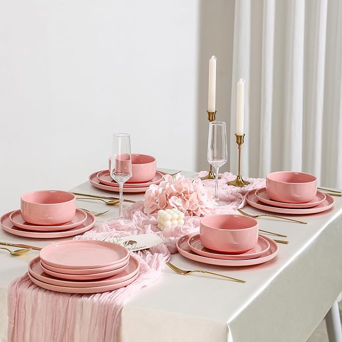 GZG Modern Art Series - 18 Pcs Speckled Stoneware Plates and Bowls Sets, Ceramic Dinnerware Set with Rustic Terracotta Underside, Microwave and Dishwasher Safe Handcrafted Dishes Set - Blush Pink