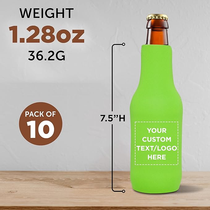 10 Neoprene Zippered Beer Bottle Coolies Pack - Customizable Text, Logo - Sharkskin Rubber Bottom - Lime Green