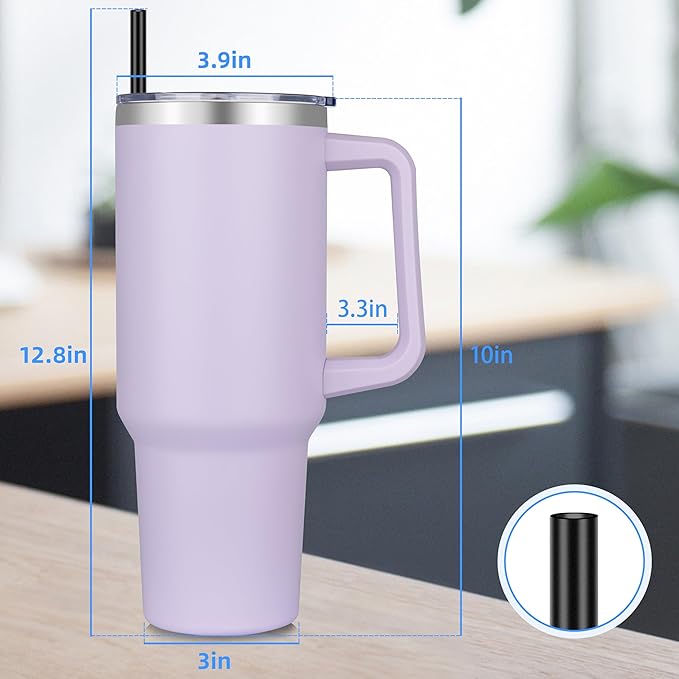 DOMICARE 40 oz Tumbler with Handle and Straw, Stainless Steel Tumbler with Lid and Straw, Reusable Vacuum Insulated Cup, Travel Coffee Mug, Lavender, 1Pack