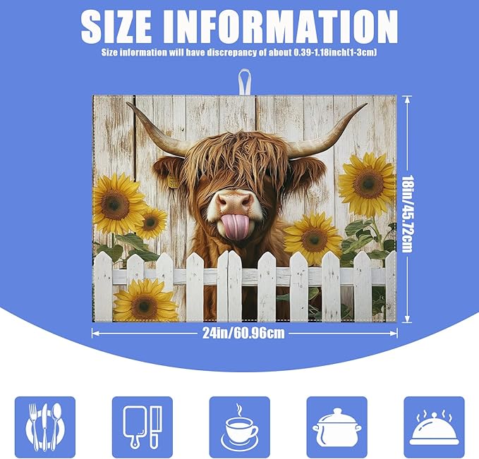 Sunflower Highland Cow Dish Drying Mat for Kitchen Counter Drying Pad Absorbent Reversible Dish Drainer Rack Mats Draining Pad 18"x24"Inch