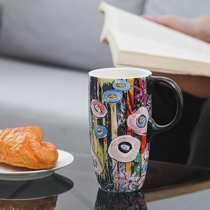 Topadorn Ceramic Travel Mugs Porcelain Latte Tea Cup Coffee Mug with Lid and Handle,17oz. Abstract Garden