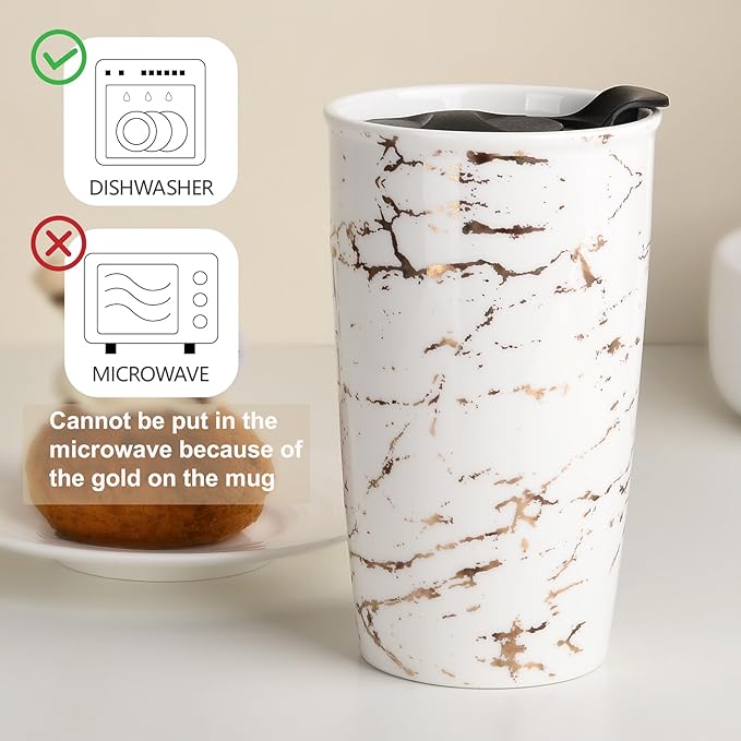 ANTIS'S HOME Ceramic Coffee Mug with Lid, Marble Gold Double Wall Coffee Travel Mug Ceramic Tumbler 12 oz, Reusable Tall Cup, Splash Resistant Lid, Dishwasher Microwaveable Safe