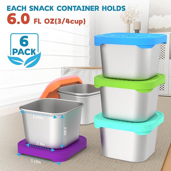 6 Pack 6oz Stainless Steel Snack Containers, Easy Open Leak Proof Stainless Steel Food Storage Containers with Silicone Lids, Small Metal Lunch Box Container for Office, Travel