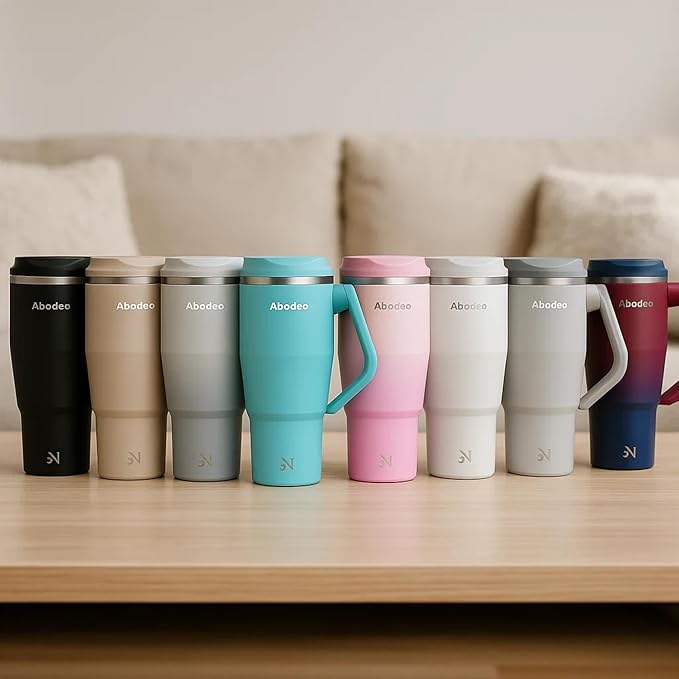 32 oz Travel Coffee Tumbler with Rotating Handle, Straw & Leakproof Lid – Insulated Stainless Steel Mug Reusable Water Flask for Hot & Cold Drinks – Fits Car Cup Holders (White)