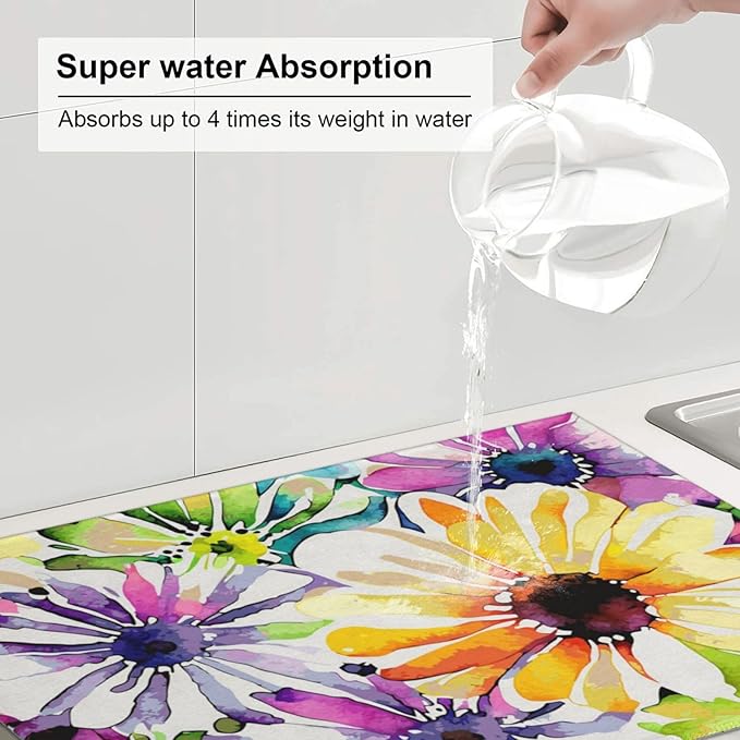 Absorbent Dish Drying Mat For Kitchen Counter, Colorful Flowers Microfiber Dish Drying Pad, Kitchen Gadgets For Easy Clean Multi-Use