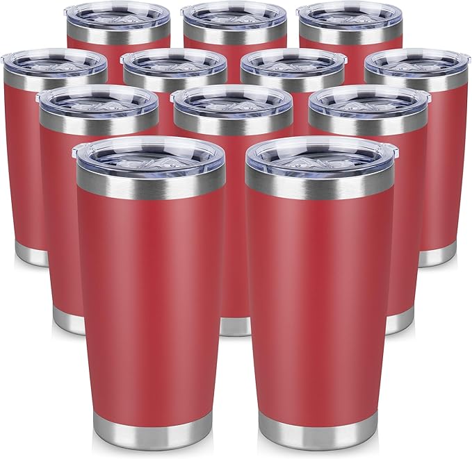 20 oz Tumbler Stainless Steel Tumblers Bulk with Lid Double Wall Insulated Coffee Tumbler Cups for Hot & Cold Drinks Powder Coated Travel Coffee Tumbler Mug Metal (Red, 12 pack)