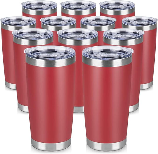 20 oz Tumbler Stainless Steel Tumblers Bulk with Lid Double Wall Insulated Coffee Tumbler Cups for Hot & Cold Drinks Powder Coated Travel Coffee Tumbler Mug Metal (Red, 12 pack)