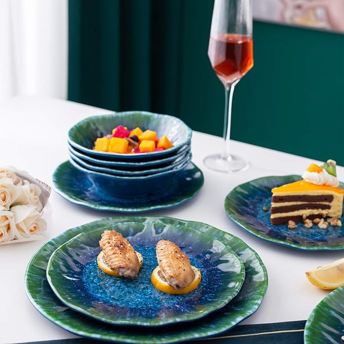 Melamine Dinnerware Set 12 PCS Teal Turquoise Tableware Plates Bowls Blue Green Dishwasher Safe Not Microware Not Oven