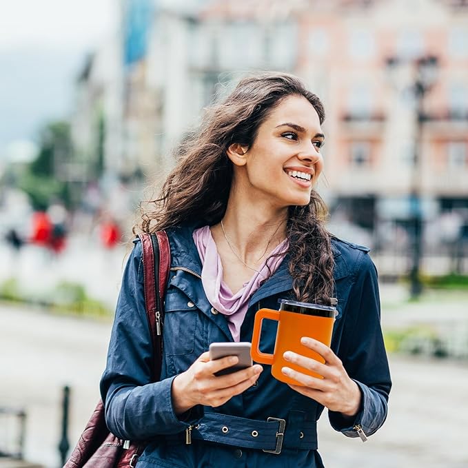 10 oz Tumbler with Handle and Straw Stainless Steel Insulated Coffee Mug for Laser Graving Powder Coated Cup with Black Plated(Orange,1 pack)