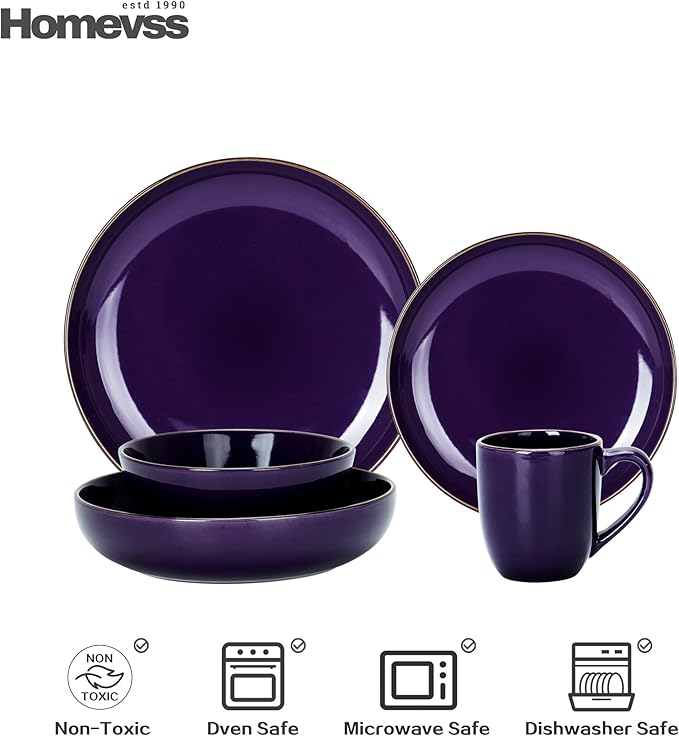Eur-Nordic Shape Raising Rim 20pc Dinnerware Set, Shiny Glaze Purple with Speckle Effect