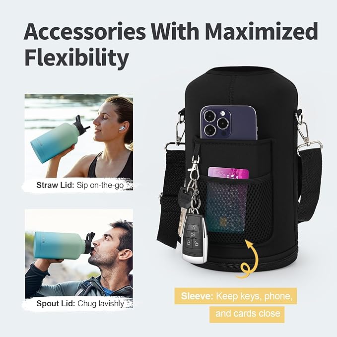 64 oz Insulated Water Bottle with Straw (Cold for 48 Hrs), Half Gallon Stainless Steel Triple Wall Vacuum Sports Water Jug, Leakproof Hydro Cup Flask with Straw Spout Lids & DIY Stickers