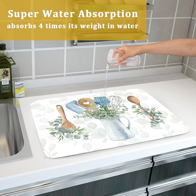 Sage Green Dish Drying Mat for Kitchen Counter, Cooking Supplies Reversible Dish Drainer Rack Pad Fast Dry Kitchen Accessories 18x24 Inch