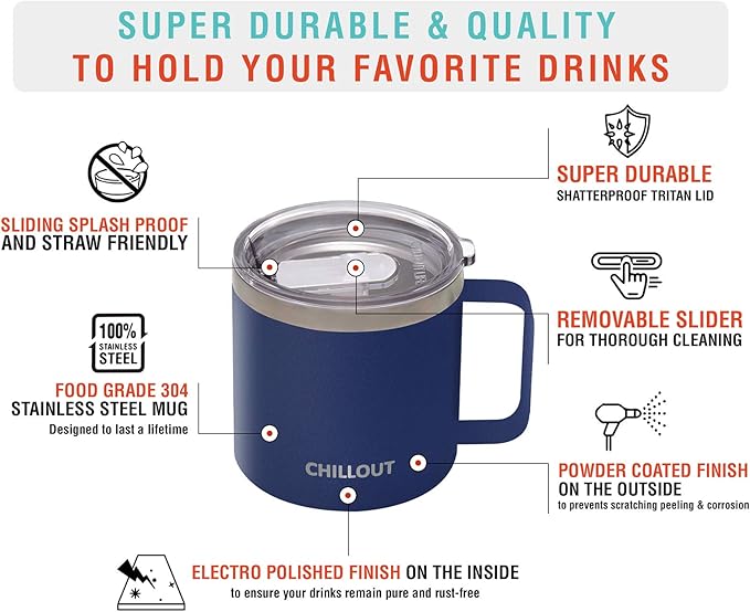 CHILLOUT LIFE Stainless Steel 16 oz Vacuum Insulated Coffee Mug with Handle and Lid, Large Thermal Camping Coffee Mug Cup with Durable Sliding Top for Men & Women - Keeps Beverages Hot/Cold