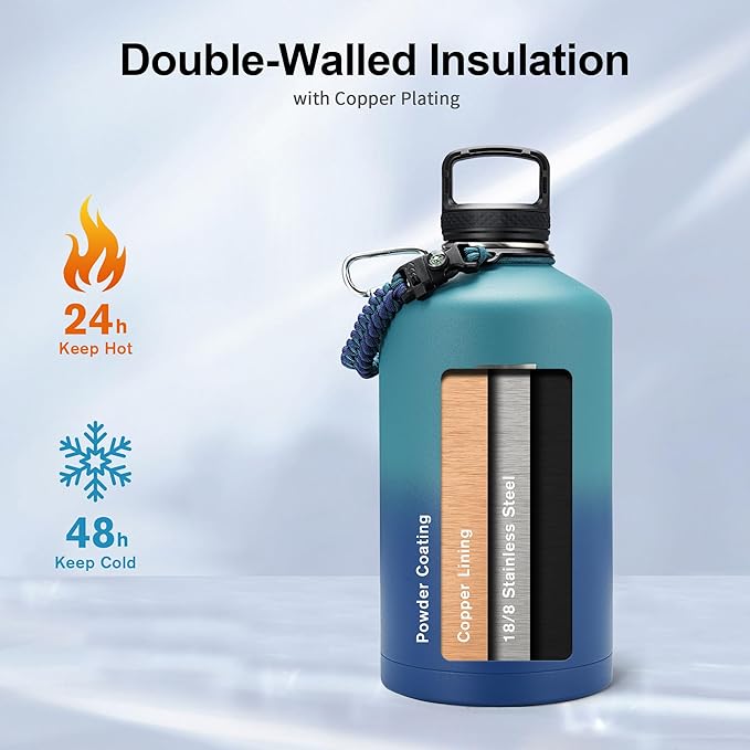 Trebo 1 Gallon(128oz) Water Bottle Insulated with Paracord Handle and Straw,Vacuum Double Wall Stainless Steel Large Jug Keep Cold 48 Hours, Leakproof & BPA Free for Men Gym/Hiking/Camping, Cyan Blue