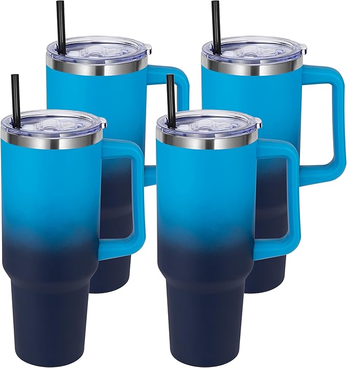 DOMICARE 40 oz Tumbler with Handle and Straw, Stainless Steel Tumbler with Lid and Straw, Reusable Vacuum Insulated Cup, Travel Coffee Mug, Blue Gradient, 4Pack