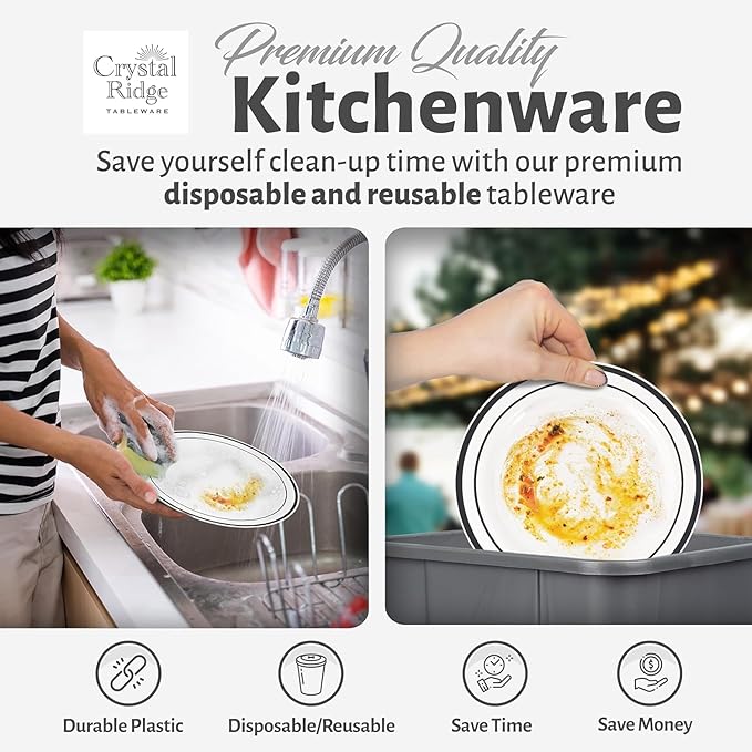 120-Piece Premium Salad Plates Set - Disposable White Plastic With Black Rim for Party and Wedding