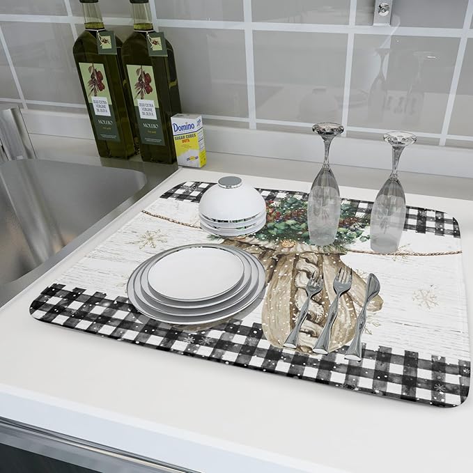 Christmas Dish Drying Mat for Kitchen Counter 18x24 Inches, Xmas Winter Glove Snowflake Buffalo Checked Plaid Microfiber Absorbent Dishes Drainer Rack Pads under Sink