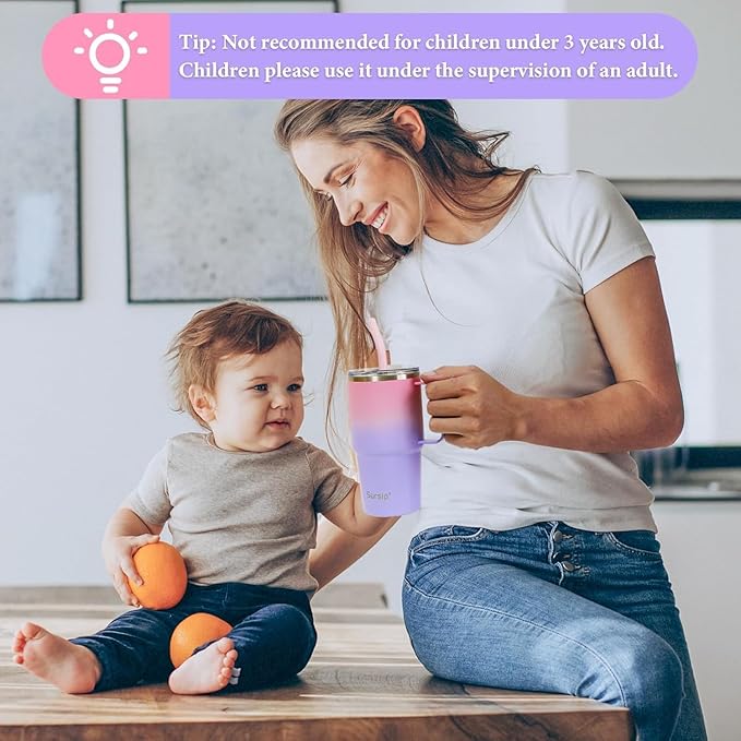 Sursip 24 oz Insulated Cup with Handle, Double Wall Vacuum Stainless Steel Tumbler with Straw and 2 Lids, For Cold/Hot Drinks, Coffee Travel Mug for Car/Home/Office/Party/Camping (Lilac-1 Pack)