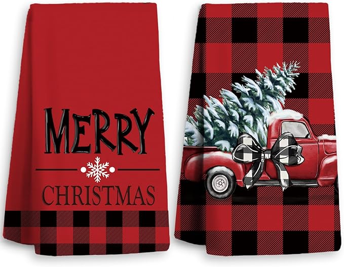 Christmas Kitchen Towels,Red Christmas Dish Towels Set of 2,Buffalo Check Plaid Tea Towels for Kitchen,Christmas Hand Towels for Bathroom,Gifts for Women,Housewarming Gifts 16×24 Inches