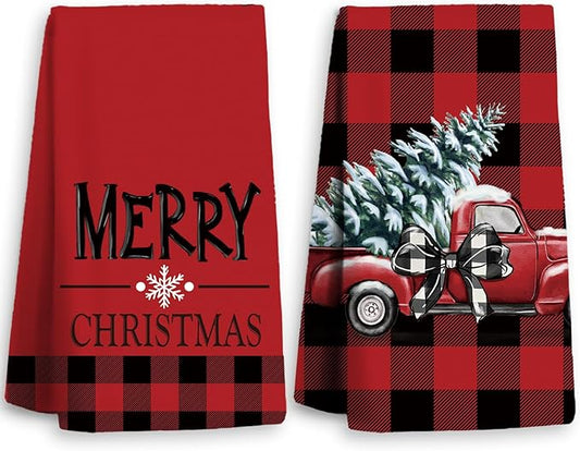 Christmas Kitchen Towels,Red Christmas Dish Towels Set of 2,Buffalo Check Plaid Tea Towels for Kitchen,Christmas Hand Towels for Bathroom,Gifts for Women,Housewarming Gifts 16×24 Inches