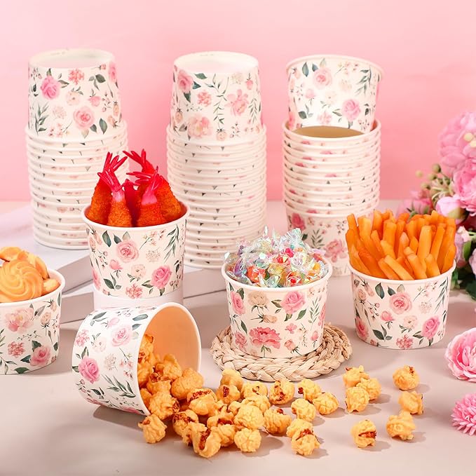 50 Pack Pink Floral Treat Snack Cups Floral Paper Ice Cream Cups 9 oz Rose Flower Disposable Dessert Bowls Paper Soup Bowls for Hot or Cold Food Wedding Baby Shower Birthday Party Supplies