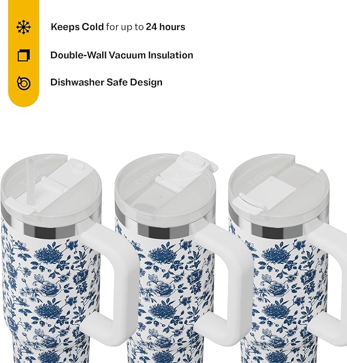 RTIC 30 oz Road Trip Tumbler Double-Walled Ceramic Lined InsulatedStainless Steel Portable Travel Coffee Mug Cup with Lid, Handle and Straw, Blue Bouquet