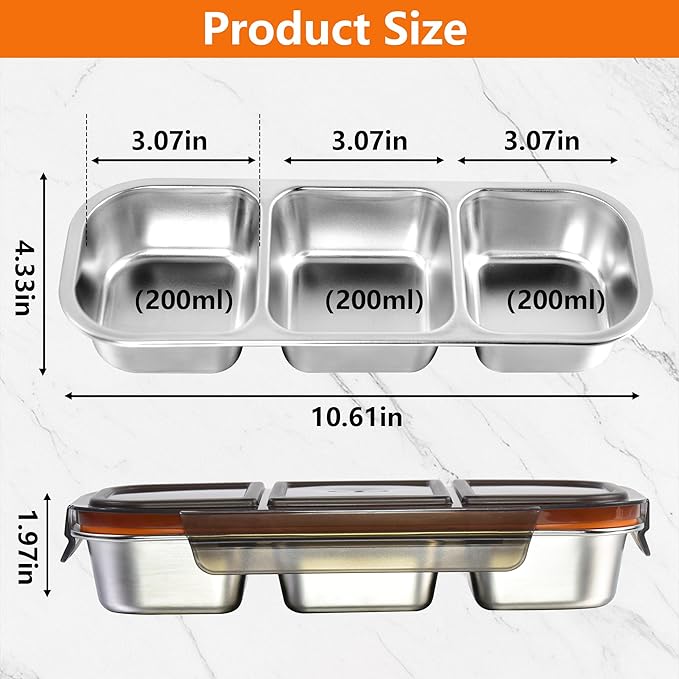 3 compartment snack containers, Stainless Steel Snackle Box Container, Leakproof 3 Grid Bento Box for Travel Home Picnic Work
