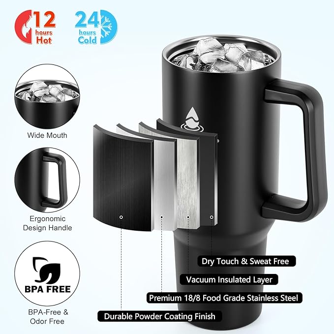 40 oz Tumbler with Handle and Straw or Convert to 40 oz Insulated Water Bottle Fits in Cup Holder. Stainless Steel Metal Water Flask with 2 Lids for Travel,Camping,Gym Sports Coffee Mug Thermal Cup