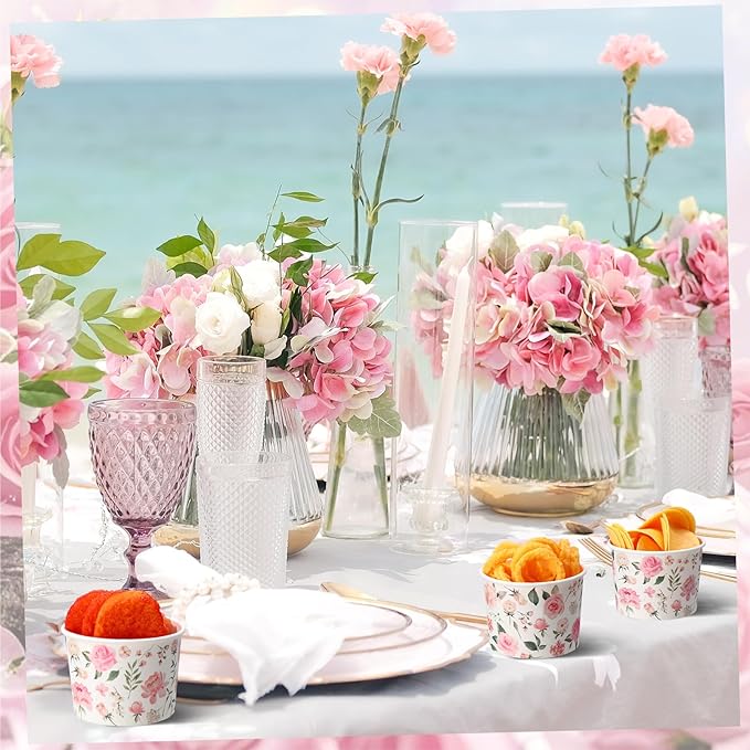 50 Pack Pink Floral Treat Snack Cups Floral Paper Ice Cream Cups 9 oz Rose Flower Disposable Dessert Bowls Paper Soup Bowls for Hot or Cold Food Wedding Baby Shower Birthday Party Supplies