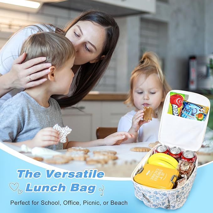 Aileam Lunch Box Lunch Bag for Women Cute Girls Insulated Womens Lunch Bag For Work Quilted Large Capacity Reusable Insulated Cooler for Work School Picnic Travel, Blue Flower