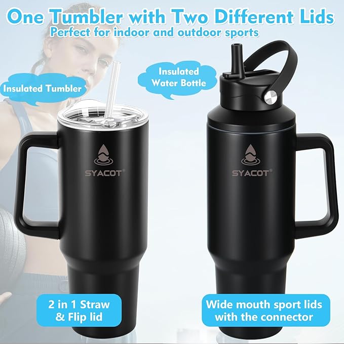 40 oz Tumbler with Handle and Straw or Convert to 40 oz Insulated Water Bottle Fits in Cup Holder. Stainless Steel Metal Water Flask with 2 Lids for Travel,Camping,Gym Sports Coffee Mug Thermal Cup