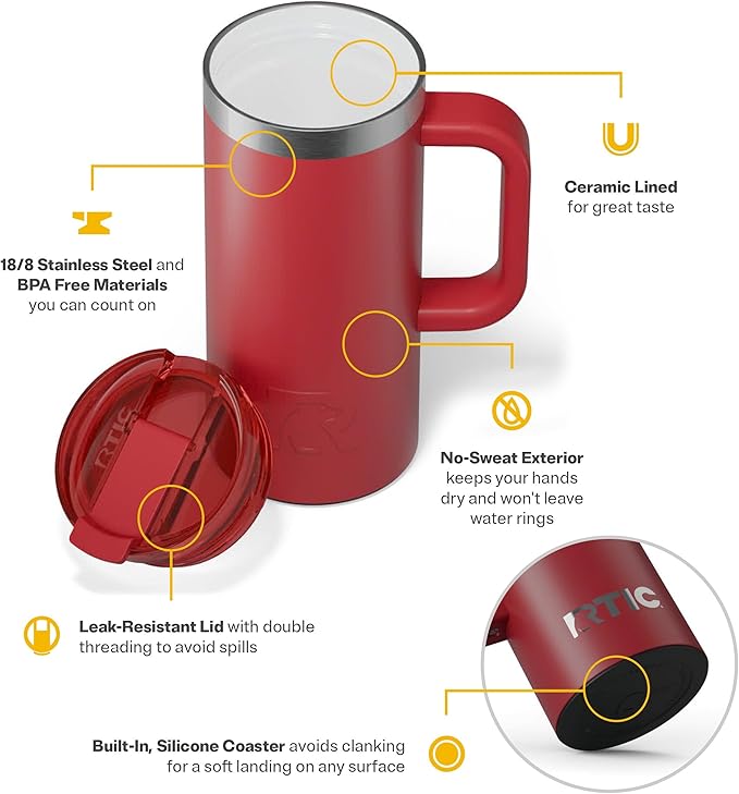 RTIC 16oz Road Trip Travel Mug with Lid and Handle, Ceramic Lined, Insulated, Stainless Steel, Metal, Double Wall Vacuum-Insulation, Portable Coffee, Tea Cup for Hot and Cold Drink, Flag Red