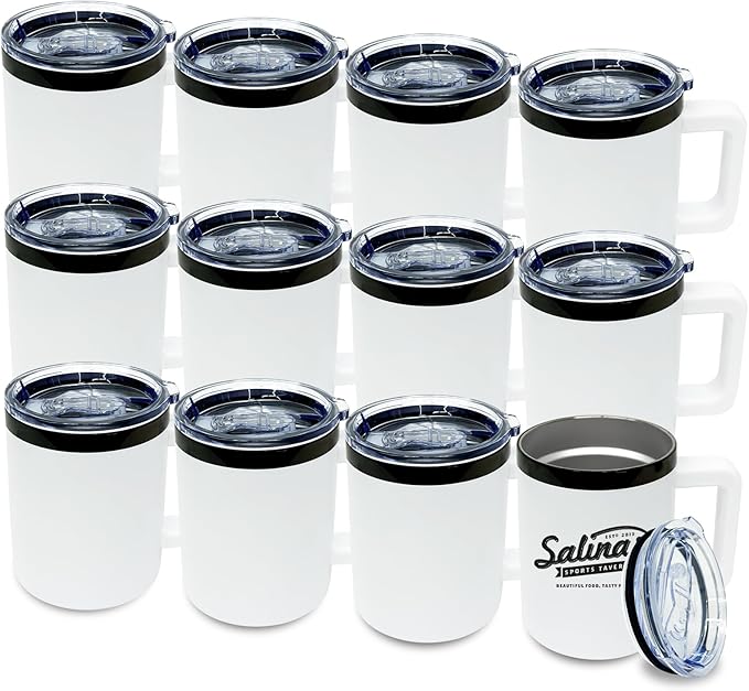 10 oz Tumbler with Handle and Straw Stainless Steel Insulated Coffee Mug for Laser Graving Powder Coated Cup with Black Plated(White,12 pack)