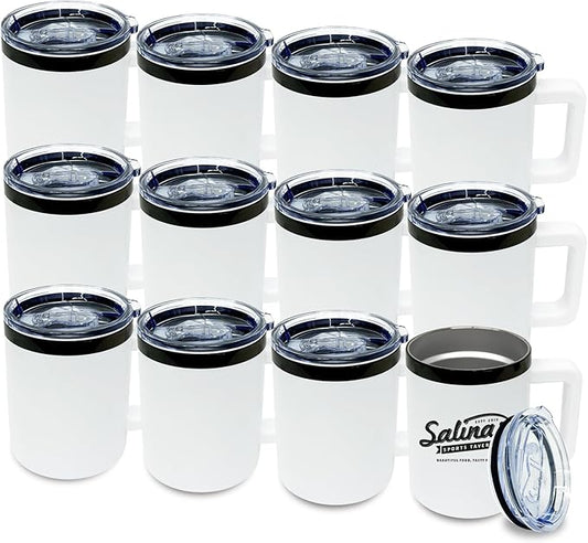 10 oz Tumbler with Handle and Straw Stainless Steel Insulated Coffee Mug for Laser Graving Powder Coated Cup with Black Plated(White,12 pack)
