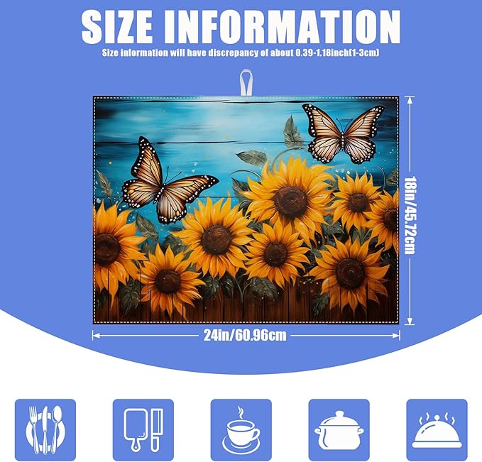 Sunflower Butterfly On Wooden Board Dish Drying Mat for Kitchen Counter Drying Pad Absorbent Reversible Dish Drainer Rack Mats Draining Pad 18"x24"Inch