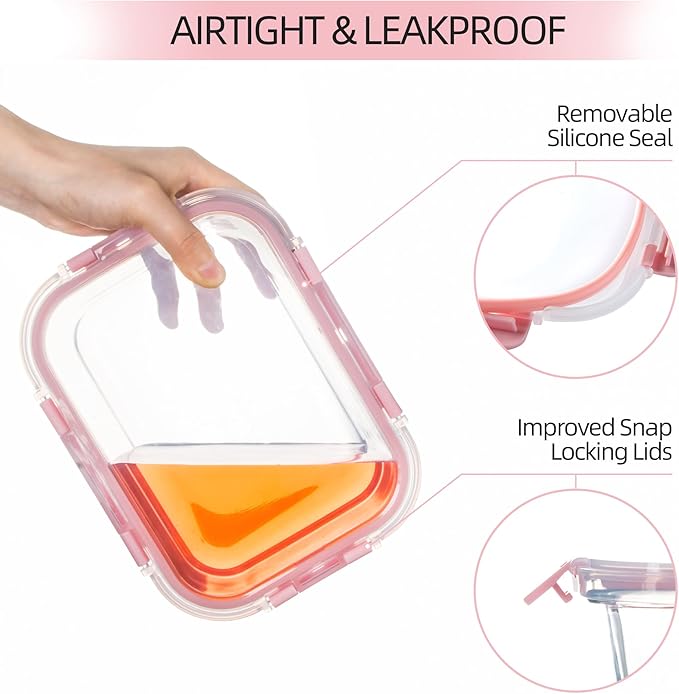 10 Pack Glass Food Storage Containers with Airtight Lids, Ideal for Meal Prep, Lunches - Microwave and Dishwasher Safe, Pink