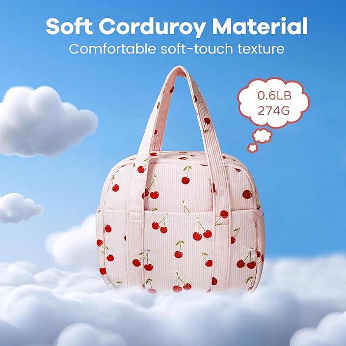 Yarnic Corduroy Lunch Bag Women Men Insulated, Large Lunch Box for Work with Bottle Pockets, Stylish Reusable Cooler Tote for Adults Teachers Picnic Hiking (Cherry Bow)