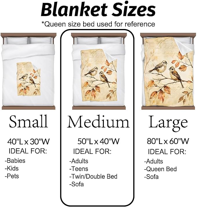 Vintage Bird Blanket Autumn Birds on Branch Throw Blankets Lightweight Flannel Throws for Camping Couch Chair Office Bed Home Decor Gifts for Adults,50x40inch