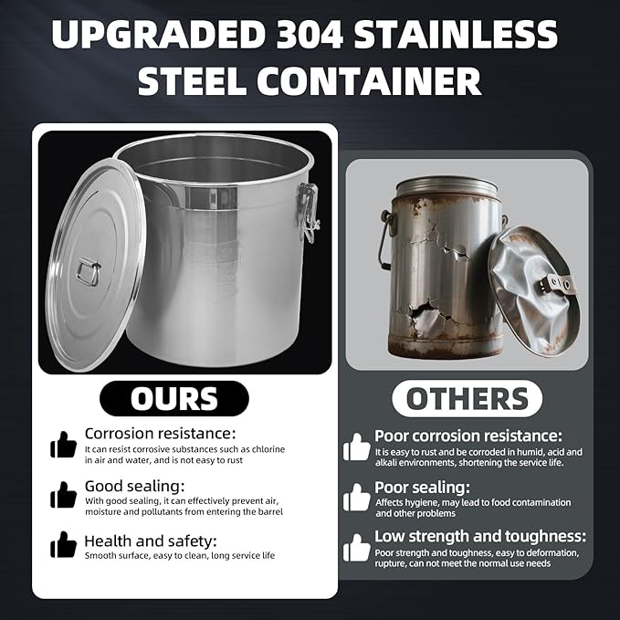 33L/8.7 Gal 304 Stainless Steel Containers with Lids 1116 Oz Airtight Containers with Lids and Lock Hole 304 Stainless Steel Container with Lid for Storage 304 Airtight Stainless Bucket
