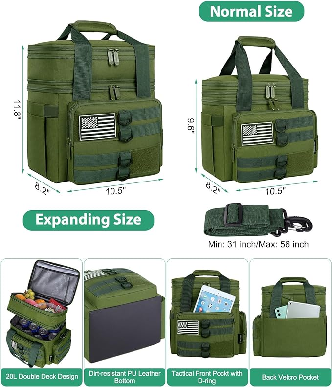 Tactical Lunch Box for Men, Large Insulated Lunch Bag for Adult, Heavy Duty Double Deck Expandable Lunch Cooler Bag with American Flag, Leakproof Soft Lunch Pail for Work Office Camping - Green
