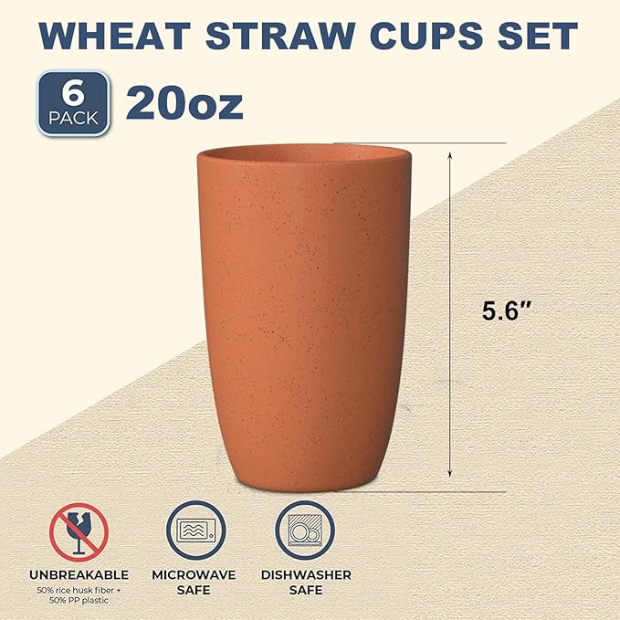 Wrova Wheat Straw Cups 6 PCS Good Alternative to Plastic Reusable Cups 20 oz Unbreakable Drinking Cup Reusable Dishwasher Safe Water Plastic Glasses Orange