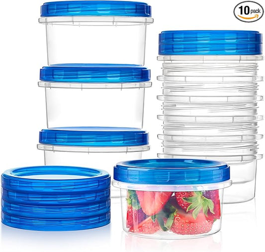 Qeirudu 10 Pack 8oz Freezer Storage Containers with Screw Lids, Leakproof Meal Prep Containers, Small Reusable Plastic Food Storage Containers for Fruits, Leftovers, Salads, Overnight Oats