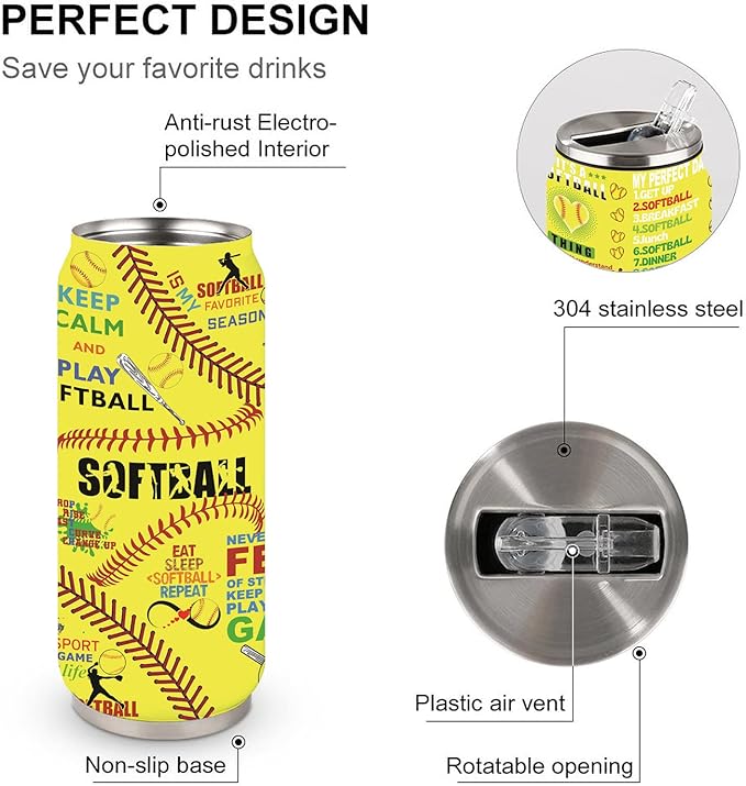 Softball Tumbler Cup With Lid - Travel Mug, Birthday Gift for Softball Lovers - Stainless Steel Vacuum Coffee Cup for Women Men, 17 Oz