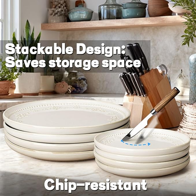 Artena Plates And Bowls Sets, 16 Pieces Dinnerware Sets, Dish Set For 4, Ceramic Kitchen Bowl And Plate Set, Embossed White Dishware Sets, Dishwasher & Microwave Safe (Multiple Patterns)