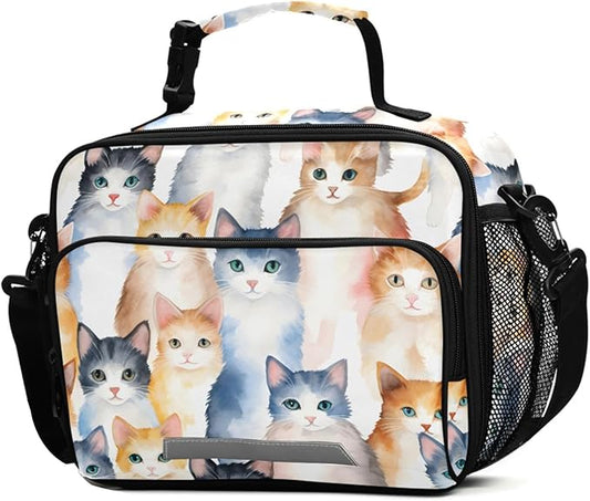 ALAZA Cat Girls Lunch Box Kids Lunchbox Insulated Reusable Meal Container Lunchbag with Shoulder Strap