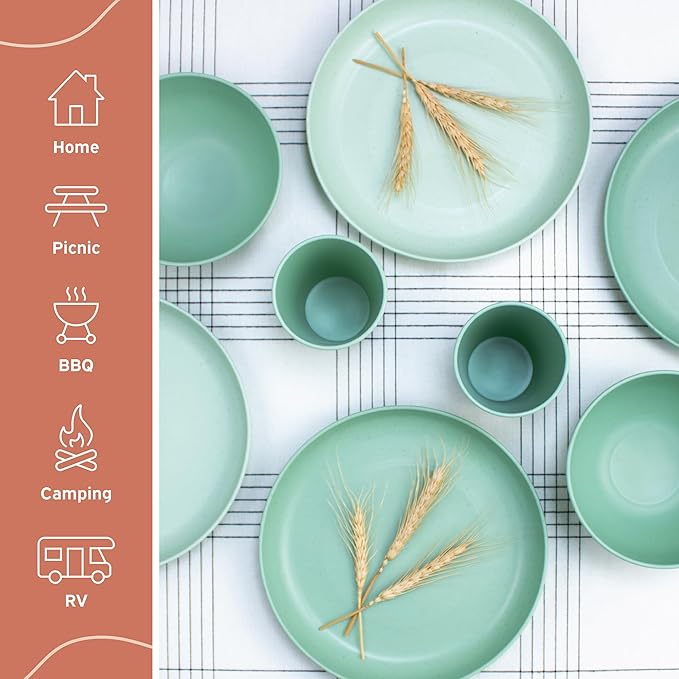 Wheat Straw Dinnerware Sets for 6, Microwave and Dishwasher Safe, Reusable and Durable, Unbreakable Cups, Plates and Bowls Sets, Lightweight Dishes for Kitchen, RV, Camping, Kids, 18-piece Sage