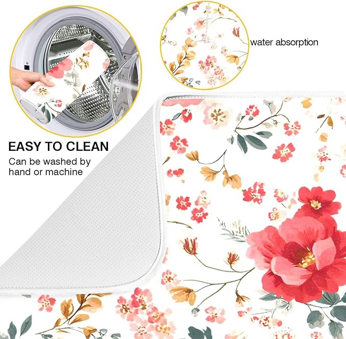 Spring Floral Colorful Flowers Dish Drying Mat for Kitchen Counter Absorbent Dish Drainer Mats Drying Pads 16"x18"