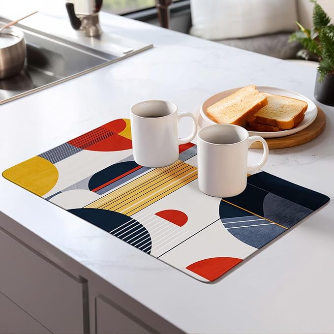 Boho Geometry Dish Drying Mat for Kitchen Counter Microfiber Super Absorbent Non-Slip Dish Drying Pad for Countertops Dishes Utensils Stylish Quick-Dry Machine Washable 18x24 Inch
