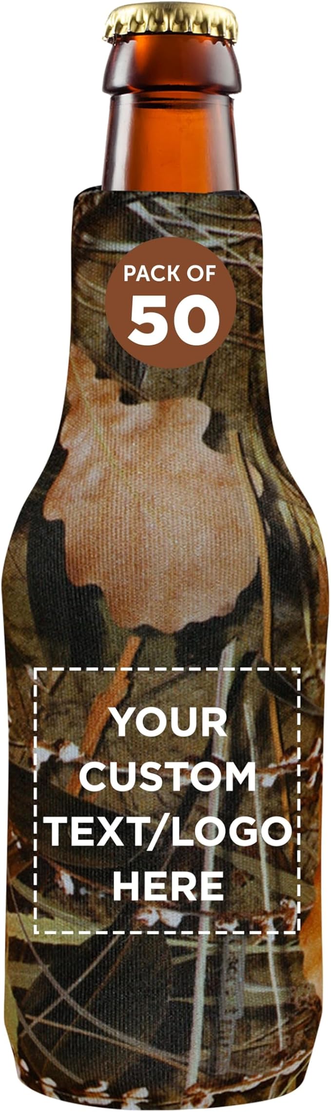 50 Neoprene Zippered Beer Bottle Coolies Pack - Customizable Text, Logo - Sharkskin Rubber Bottom - Camo4